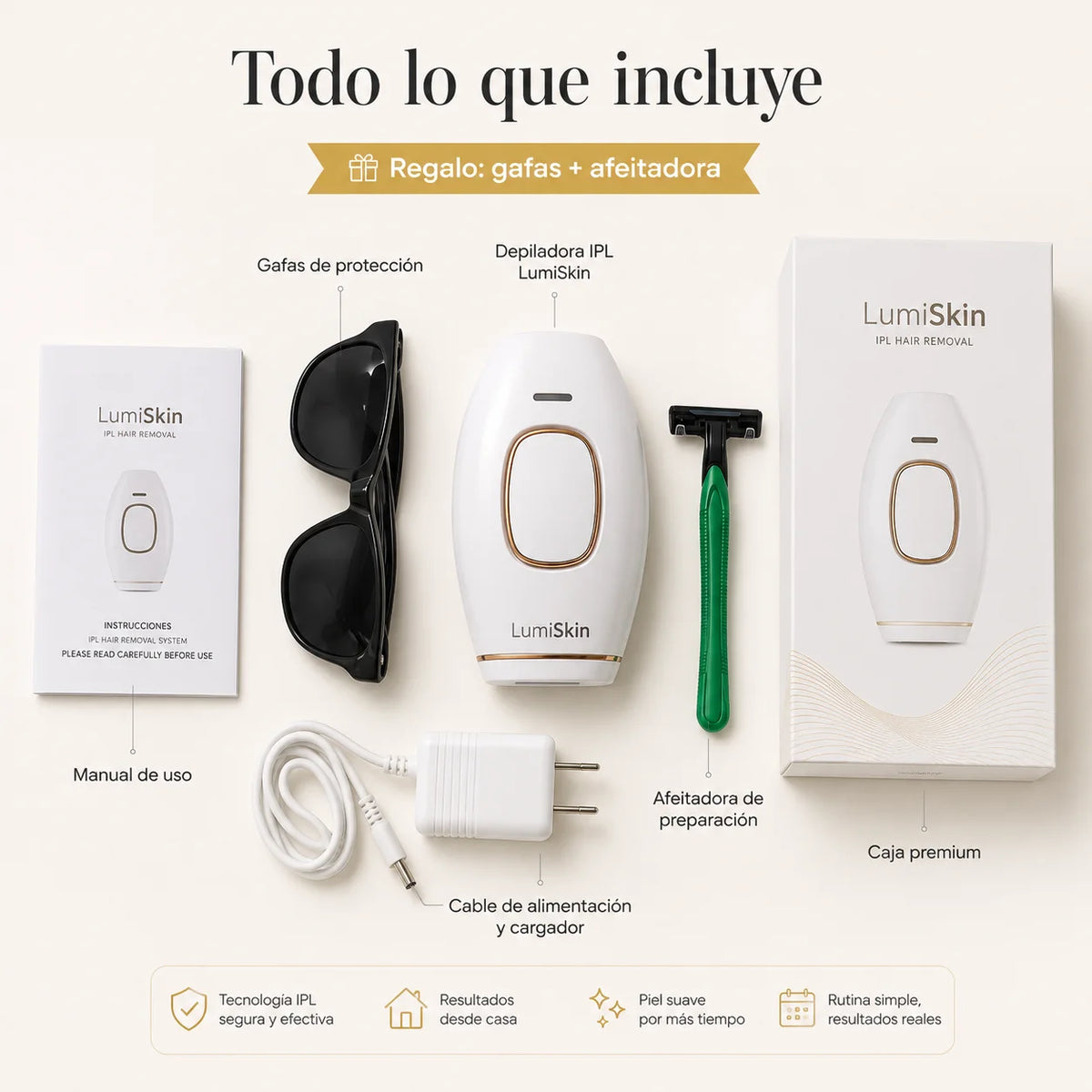Contenido de la caja LumiSkin: depiladora IPL, gafas de protección, afeitadora, cargador y manual