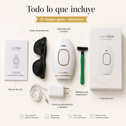 Contenido de la caja LumiSkin: depiladora IPL, gafas de protección, afeitadora, cargador y manual