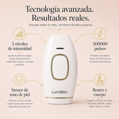 Características de la depiladora IPL LumiSkin: 5 niveles, 500.000 pulsos y sensor de tono de piel