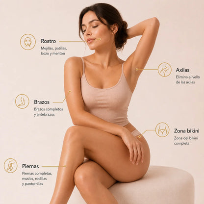 Zonas donde usar la depiladora IPL LumiSkin: rostro, axilas, brazos, zona bikini y piernas