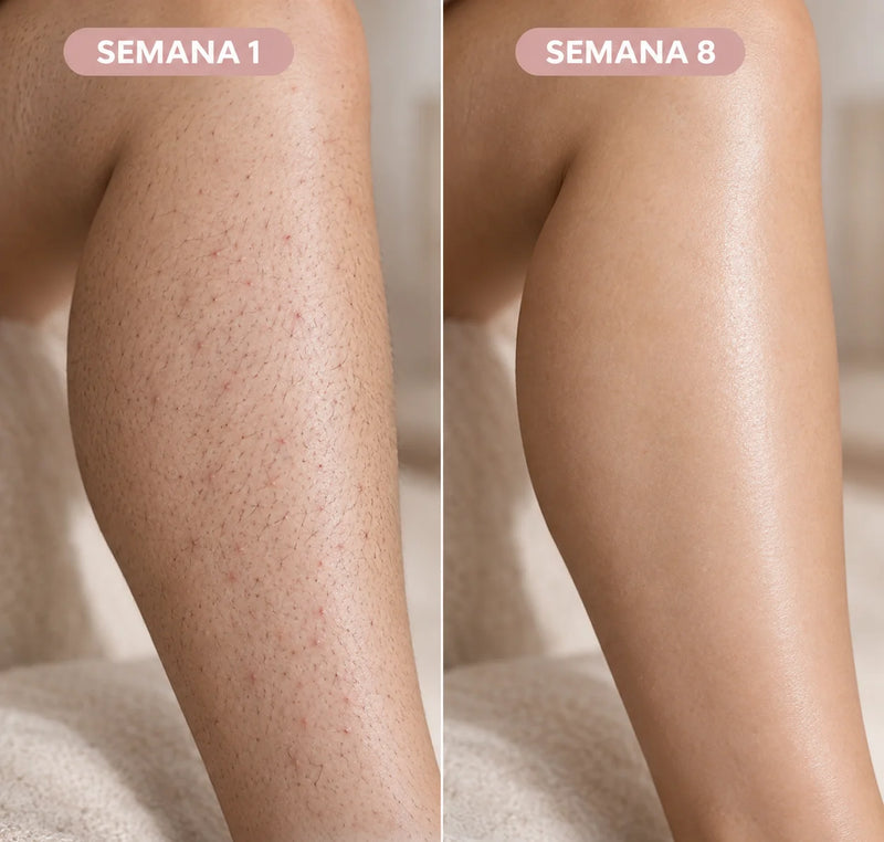 Antes y después en la pierna: piel suave y sin puntitos tras 8 semanas con LumiSkin
